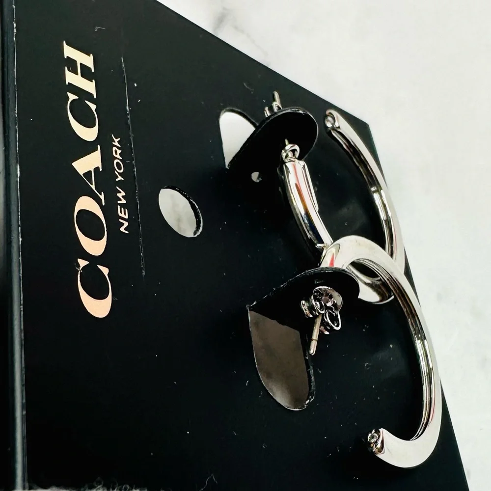 NEW! Coach Silver Colored Medium Signature Hoop Earrings - Picture 7 of 15